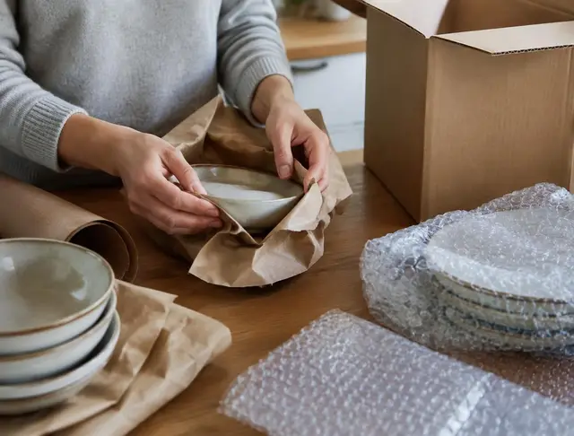 Embalaje de vajilla con papel y plástico burbuja